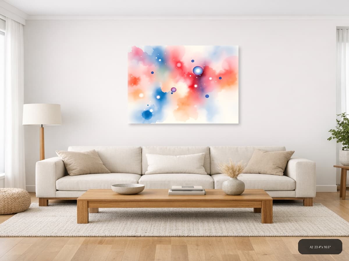 Abstract Watercolor Spheres in Pink & Blue Wall Art shown in a room setting at A2