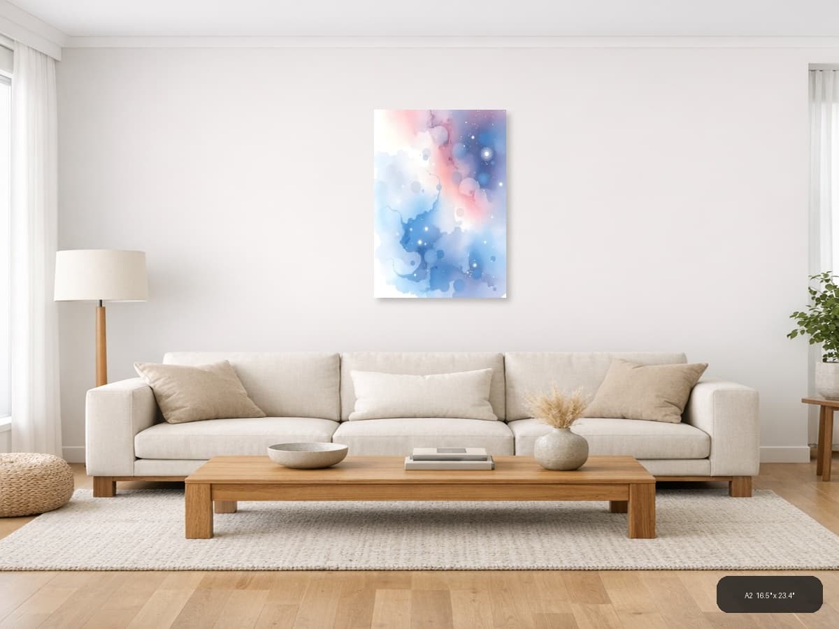 Abstract Watercolor Blue Pink Bokeh Particles Wall Art shown in a room setting at A2