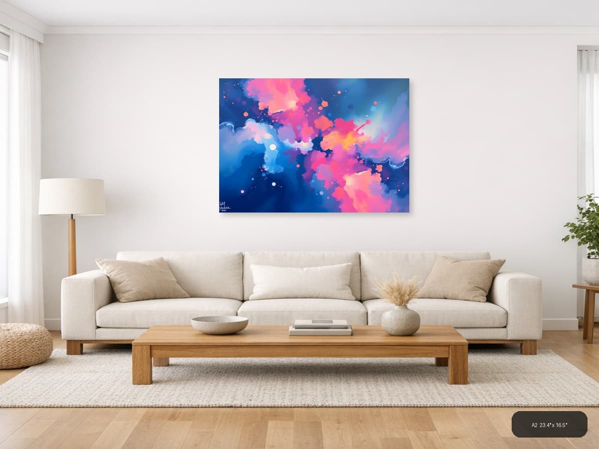 Abstract Pink & Blue Fluid Clouds Modern Wall Art shown in a room setting at A2