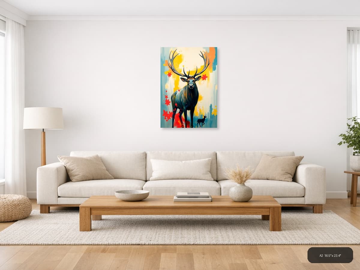 Abstract Deer with Antlers - Modern Yellow & Red Wall Art shown in a room setting at A2