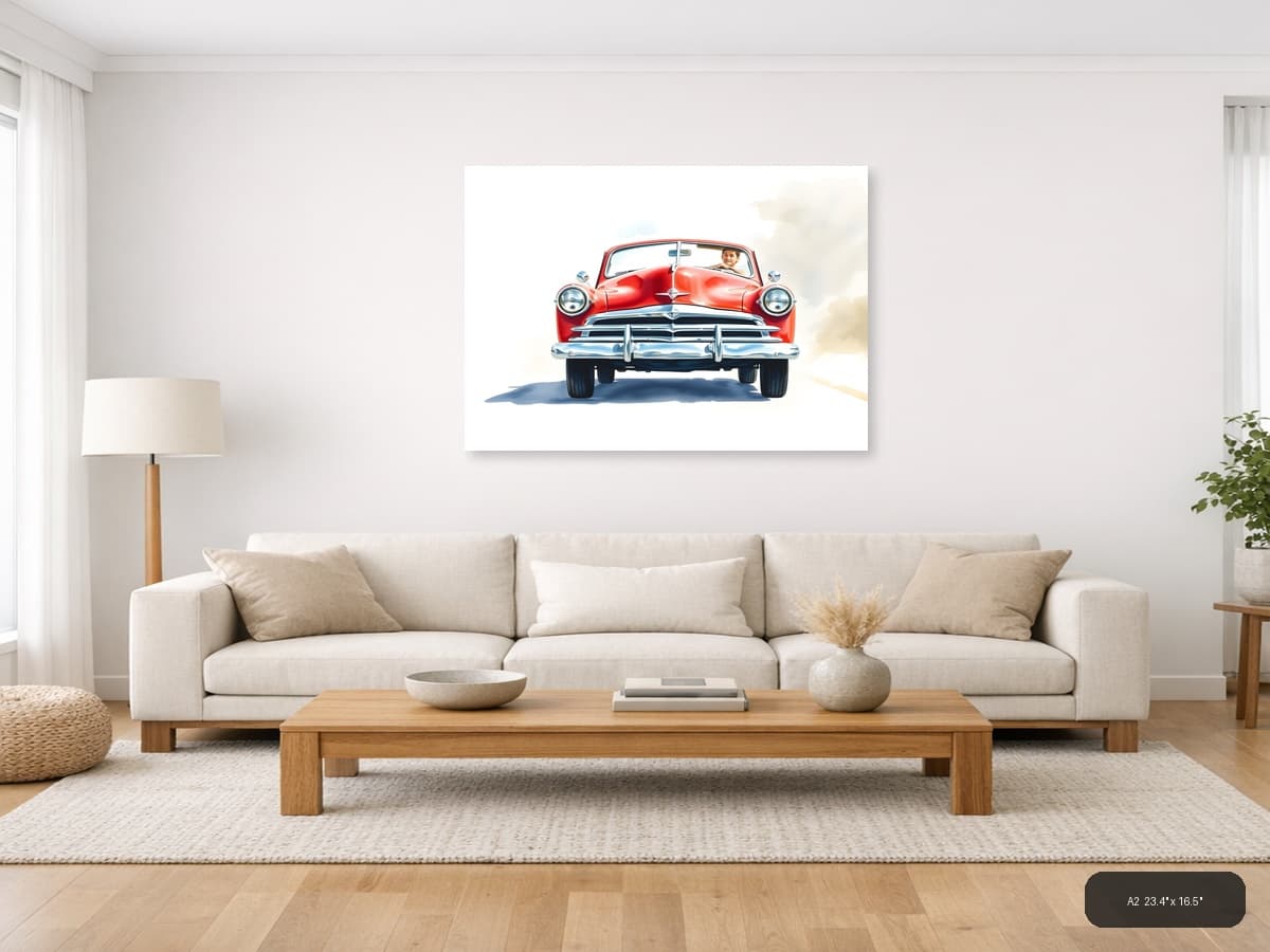 Red Classic Convertible Watercolor Wall Art shown in a room setting at A2