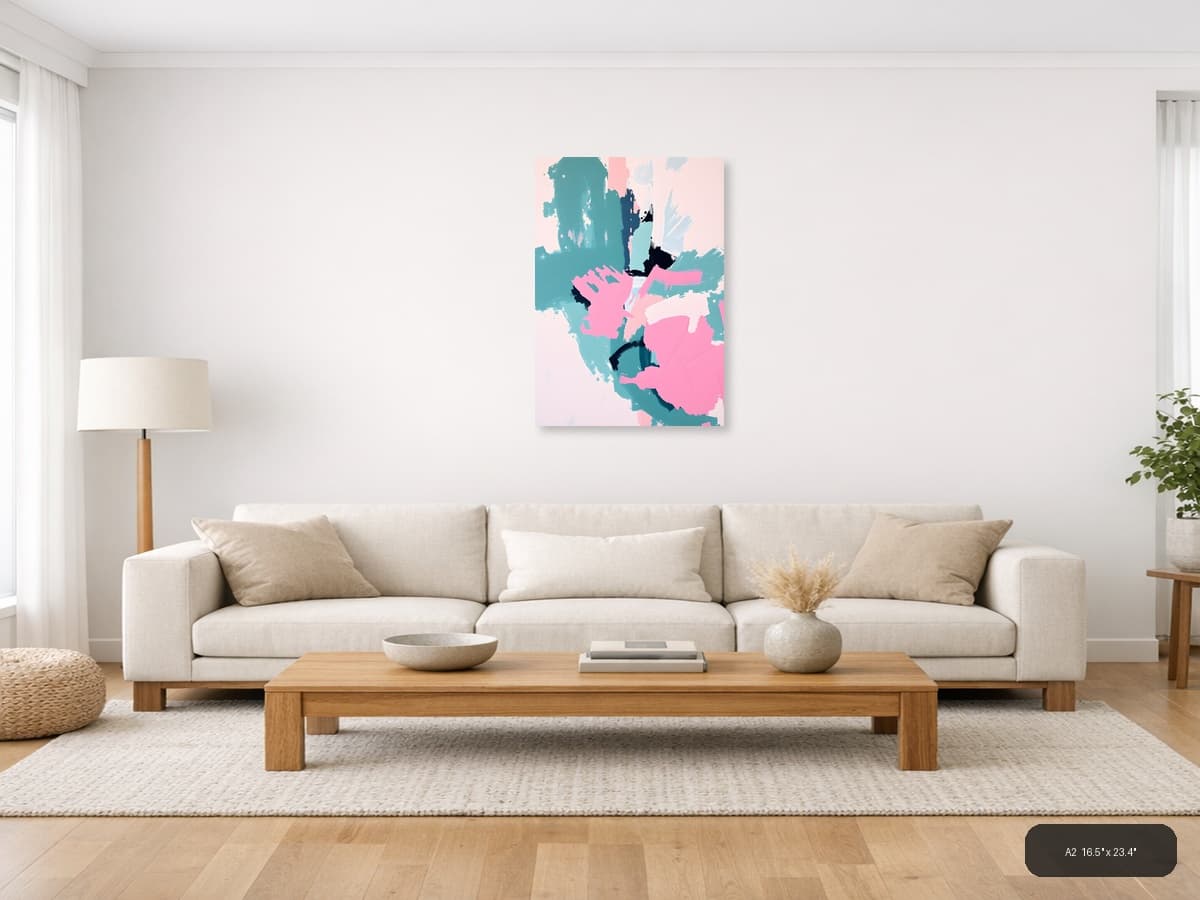 Abstract Teal Pink Black Brushstroke Map Wall Art shown in a room setting at A2