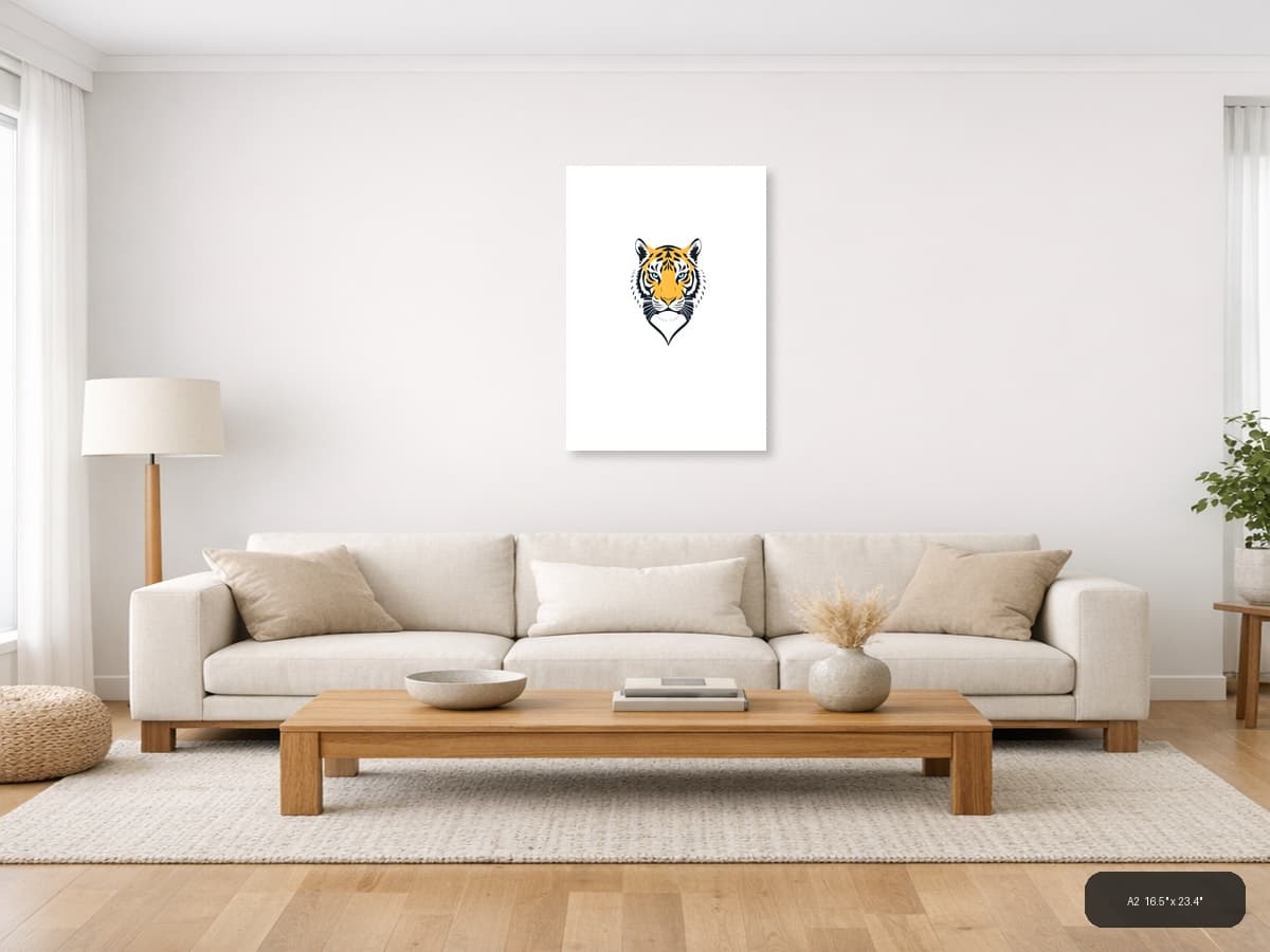 Minimalist Tiger Head Portrait Yellow & Black Wall Art shown in a room setting at A2