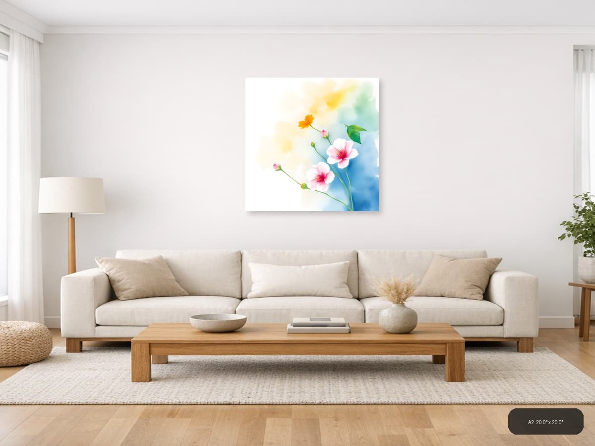 Watercolor Pink & Yellow Flowers on Blue Wall Art shown in a room setting at A2