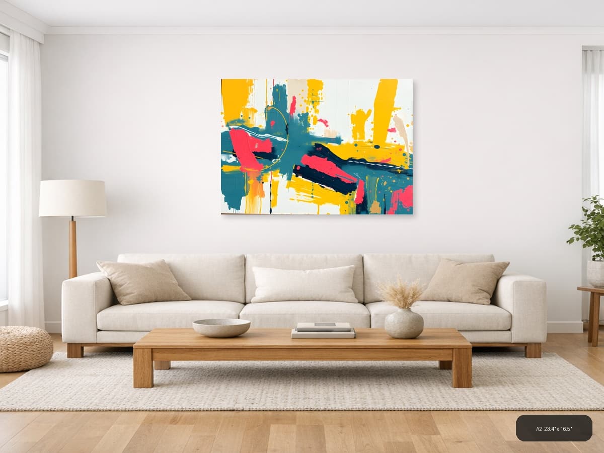 Vibrant Abstract Expressionist Landscape Wall Art shown in a room setting at A2