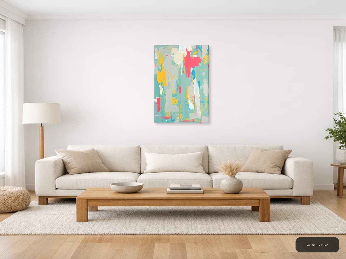Vibrant Abstract Splatter Turquoise Yellow Pink Wall Art shown in a room setting at A2