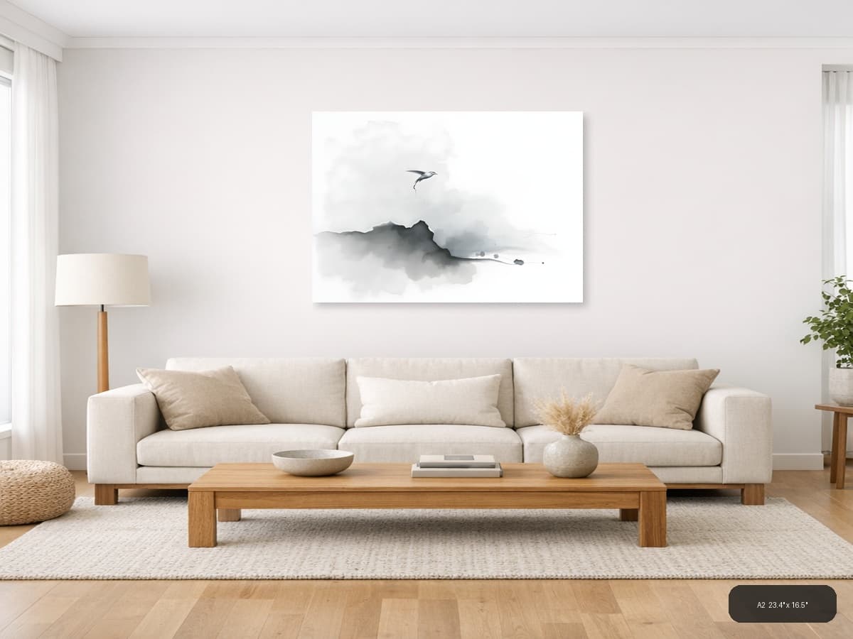 Minimalist Bird Over Mountain Mist Watercolor Wall Art shown in a room setting at A2