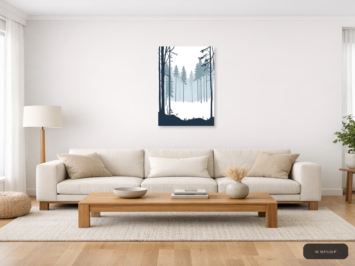 Minimalist Winter Forest Landscape Silhouette Wall Art shown in a room setting at A2