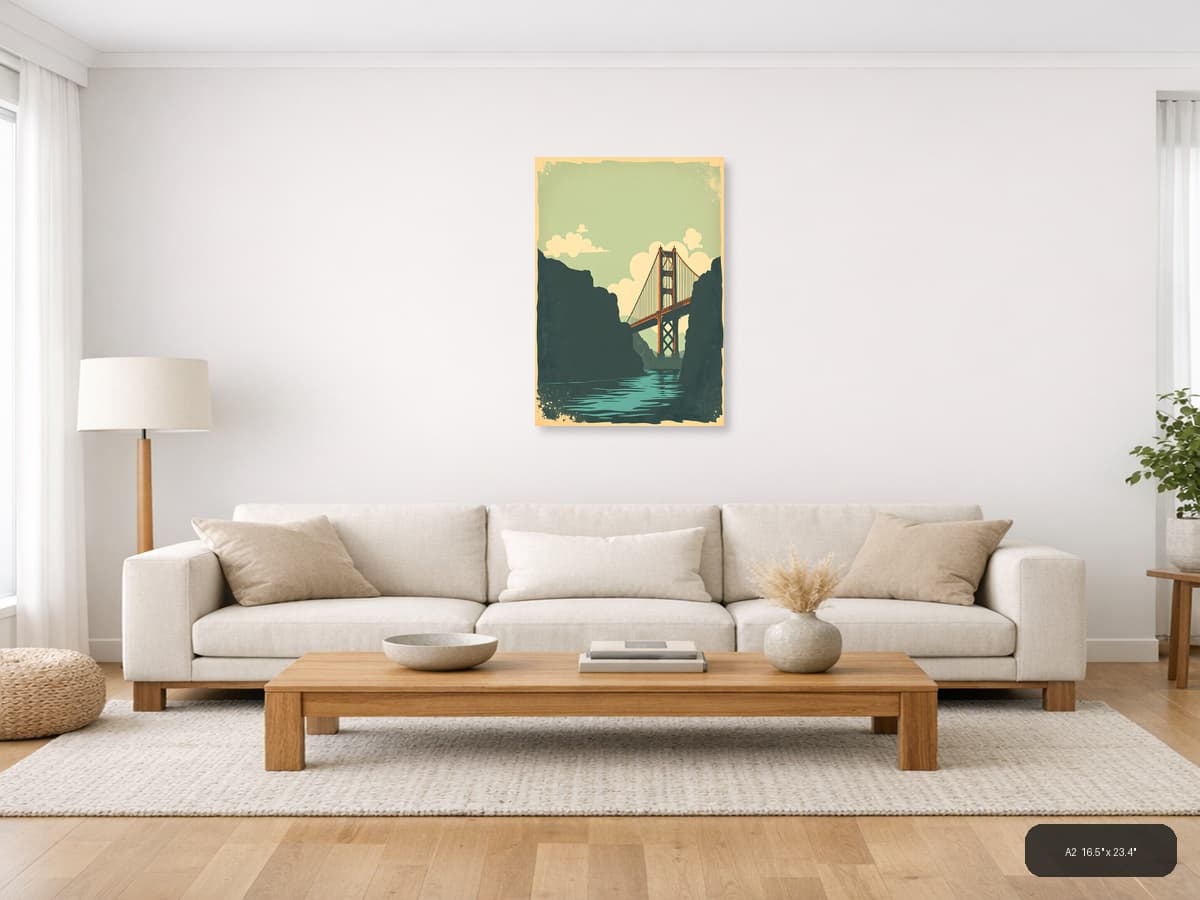Golden Gate Bridge Vintage Landscape Wall Art shown in a room setting at A2