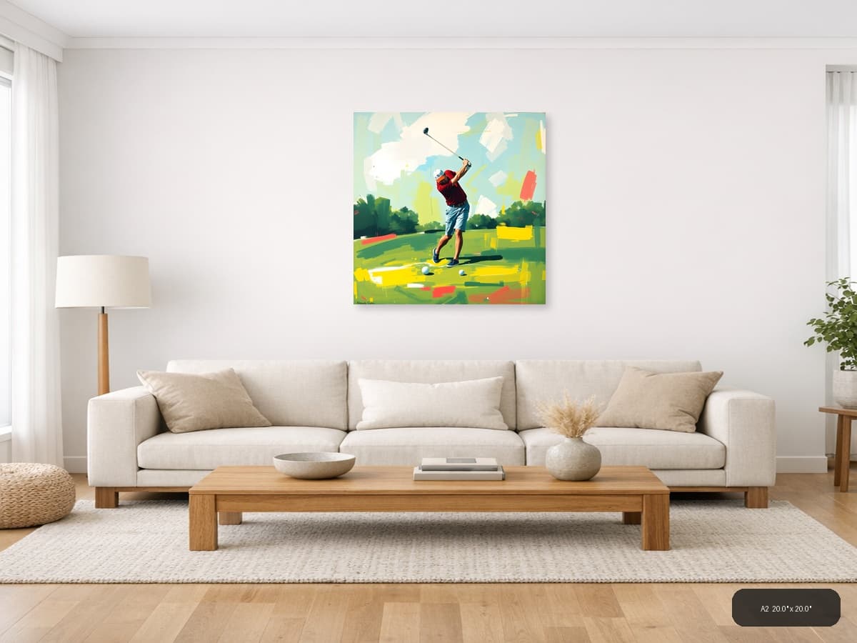 Golfer Mid-Swing Abstract Green & Yellow Wall Art shown in a room setting at A2
