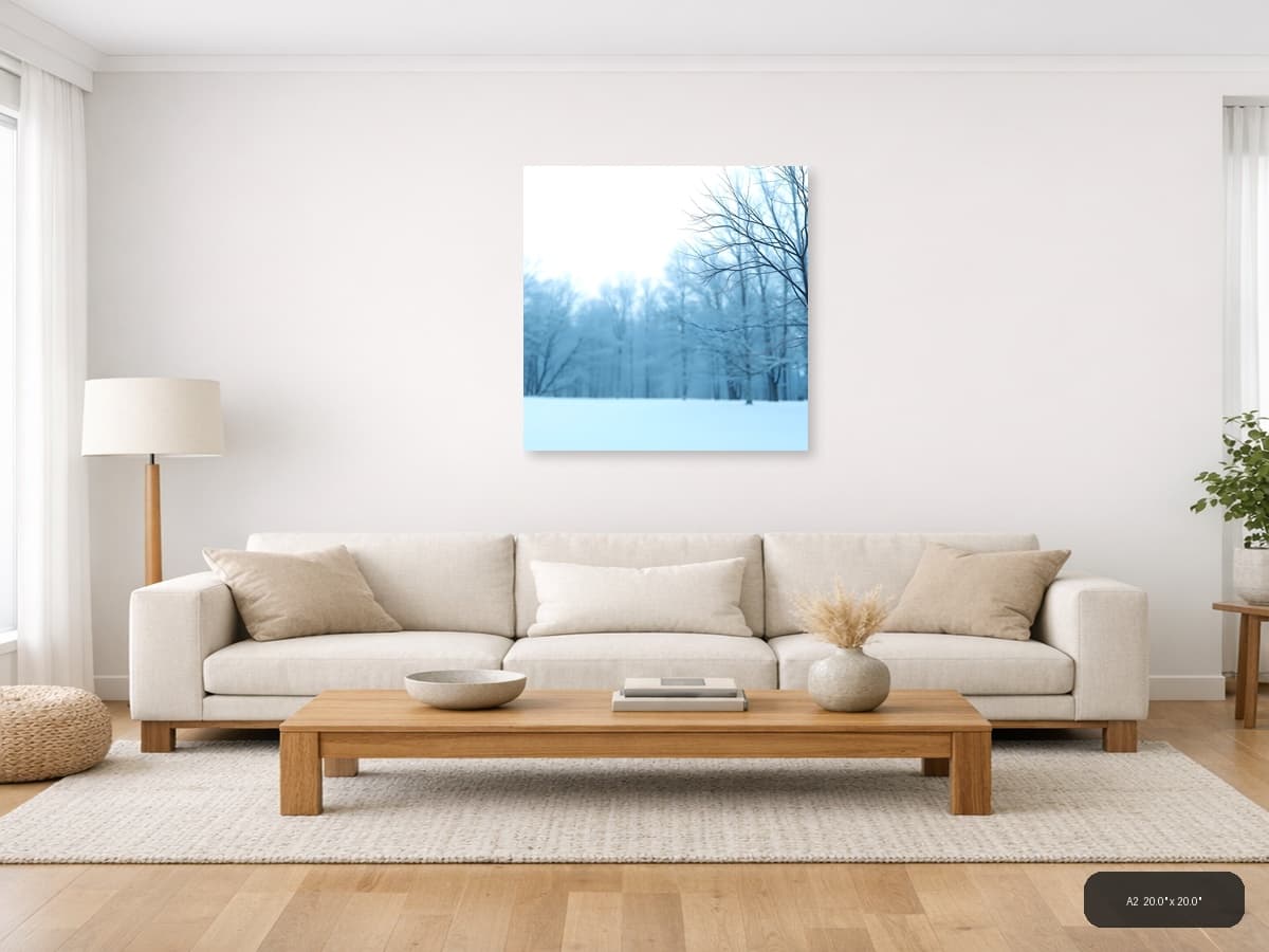 Minimalist Winter Forest Snow Landscape Wall Art shown in a room setting at A2