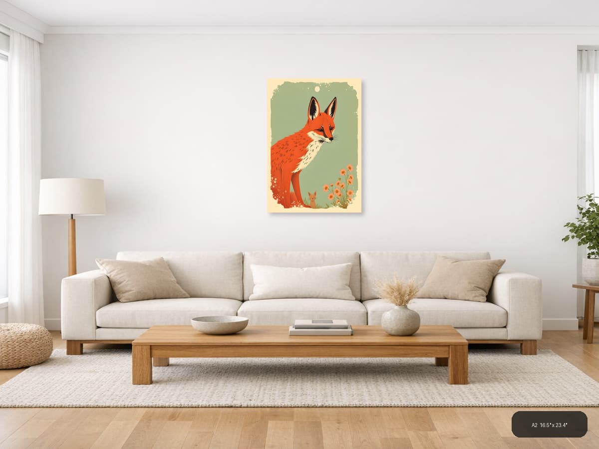 Red Fox and Cat Vintage Botanical Wall Art shown in a room setting at A2