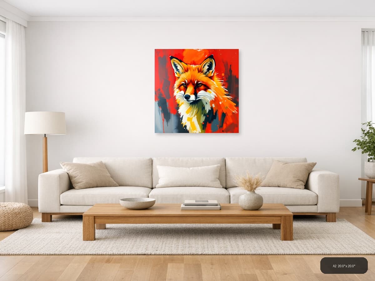 Abstract Fox Portrait Orange Red Splash Wall Art shown in a room setting at A2