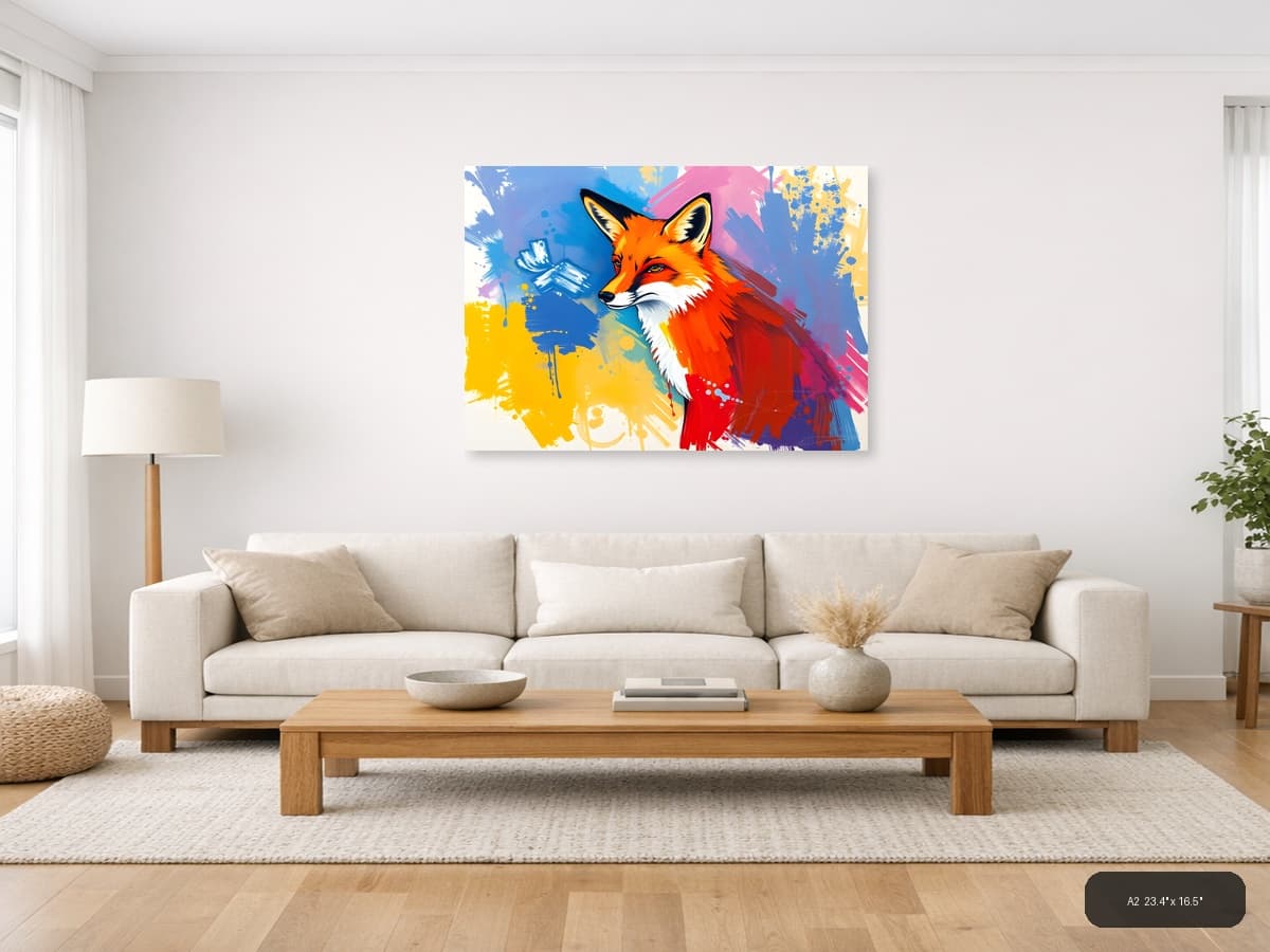 Vibrant Abstract Fox Portrait Splash Wall Art shown in a room setting at A2