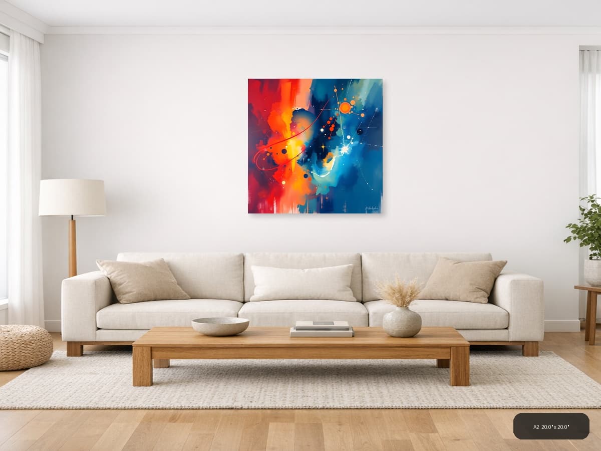 Abstract Cosmic Energy Orange Blue Wall Art shown in a room setting at A2