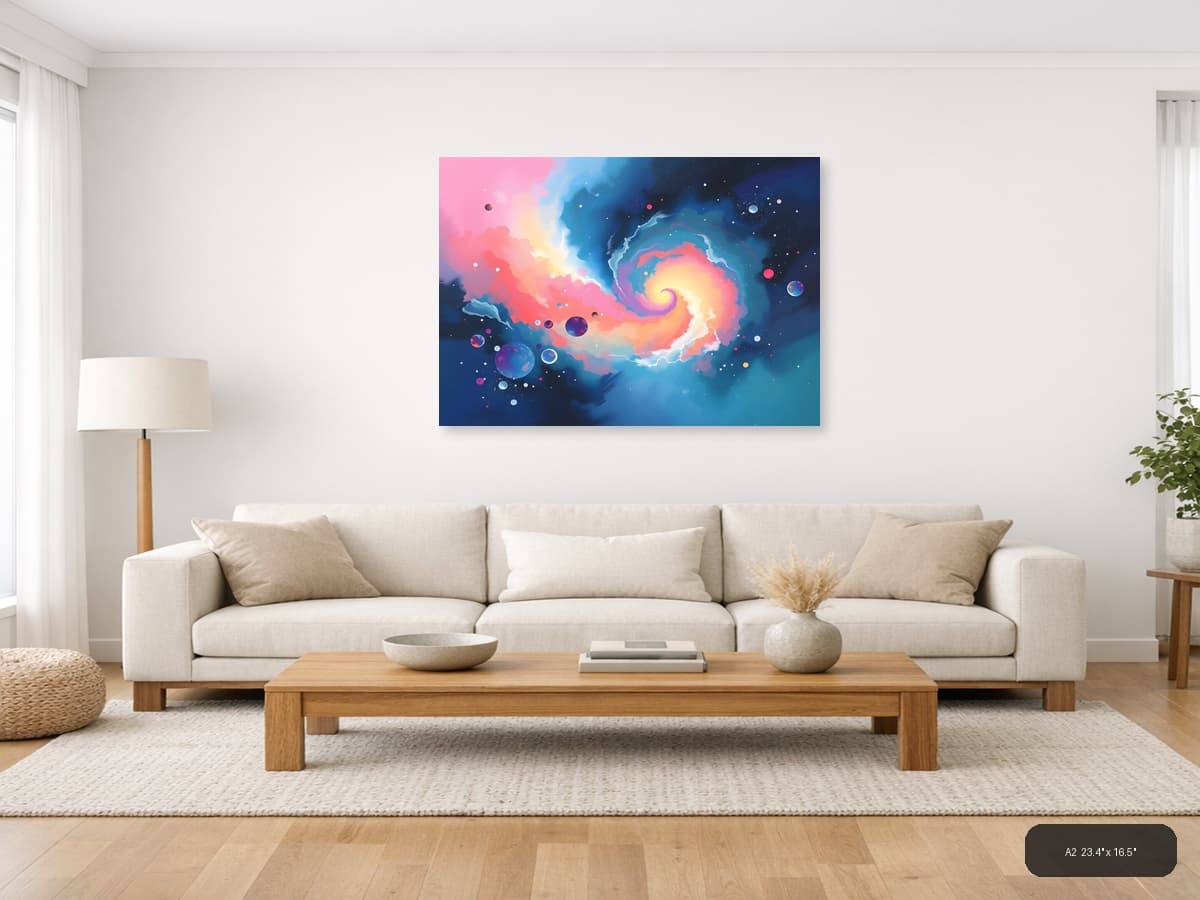 Cosmic Spiral Galaxy Abstract Pink Blue Wall Art shown in a room setting at A2