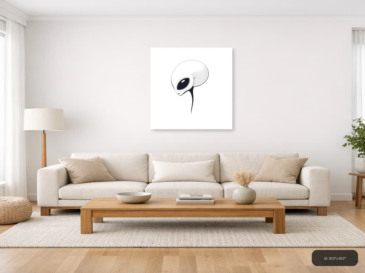 Minimalist Alien Head with Large Eyes Wall Art shown in a room setting at A2