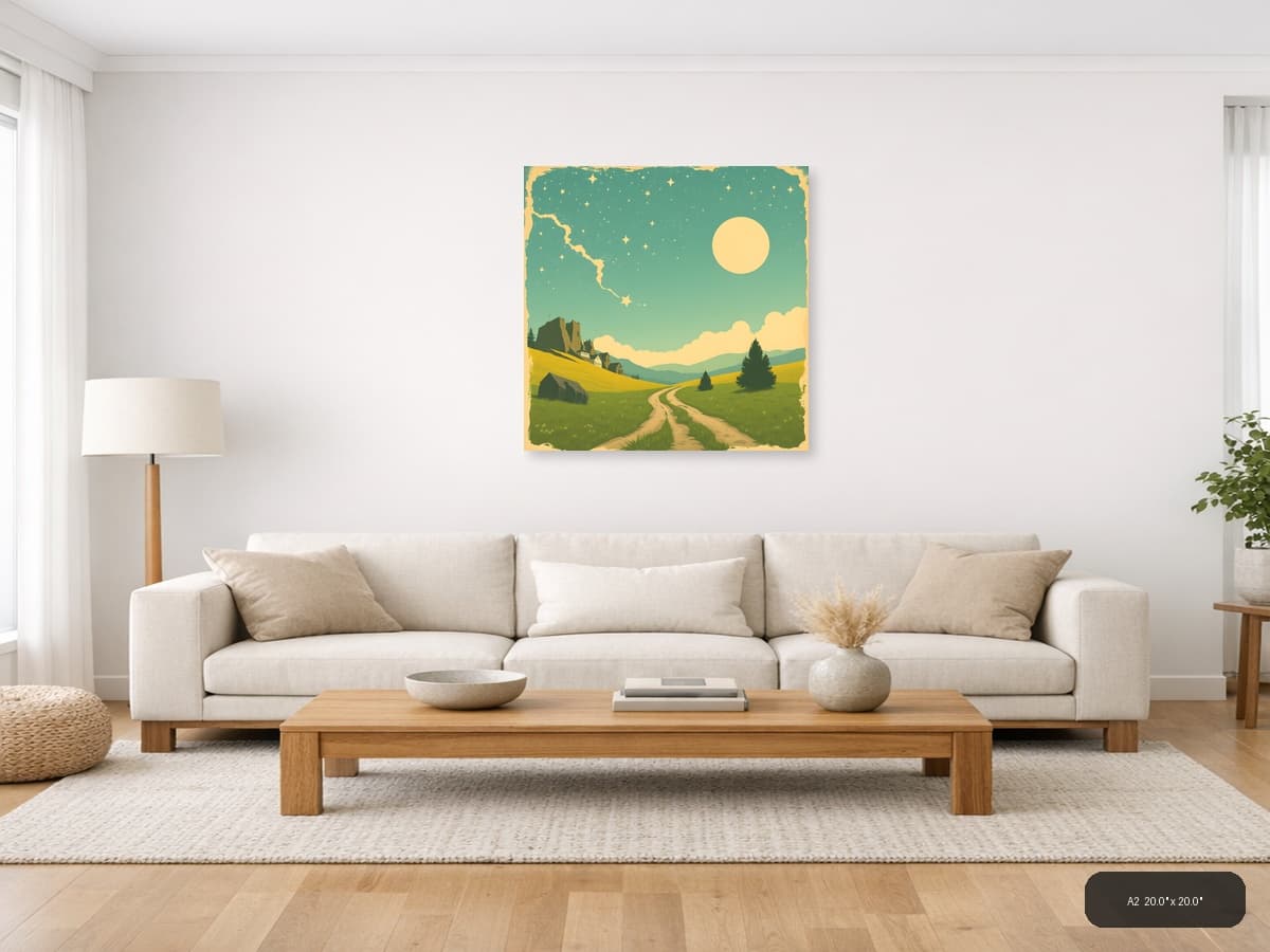 Vintage Countryside Castle Landscape Moon Stars Wall Art shown in a room setting at A2