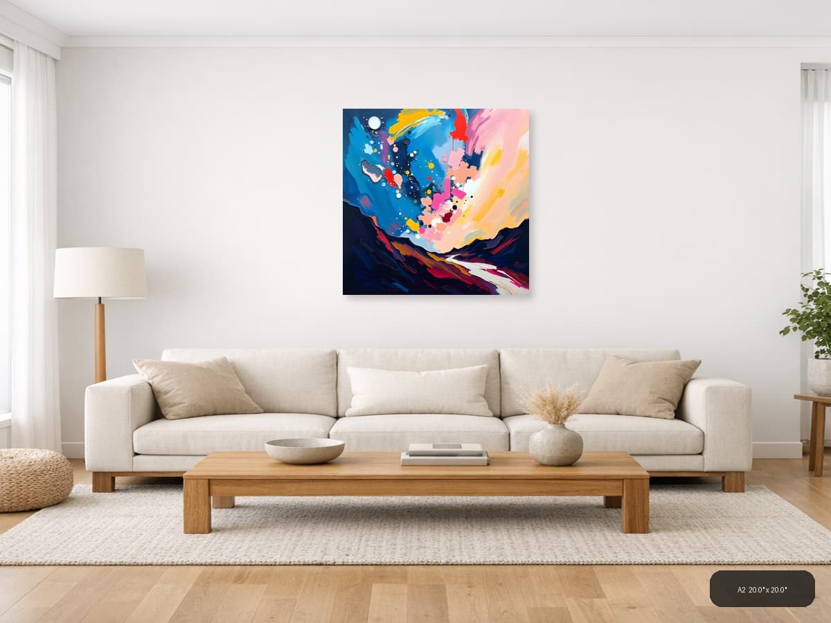 Abstract Colorful Landscape with Moon - Modern Wall Art shown in a room setting at A2