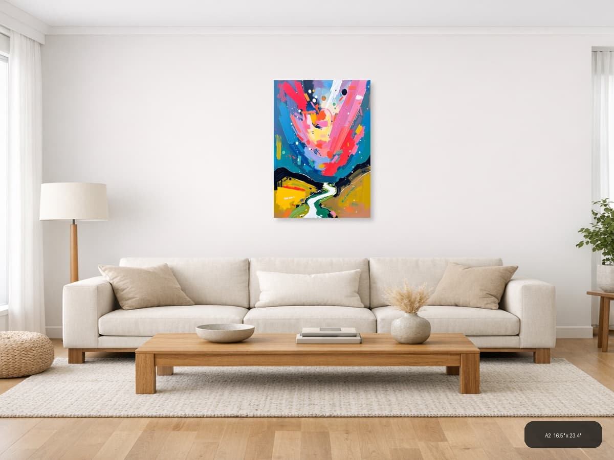 Vibrant Abstract Landscape with Winding River Wall Art shown in a room setting at A2