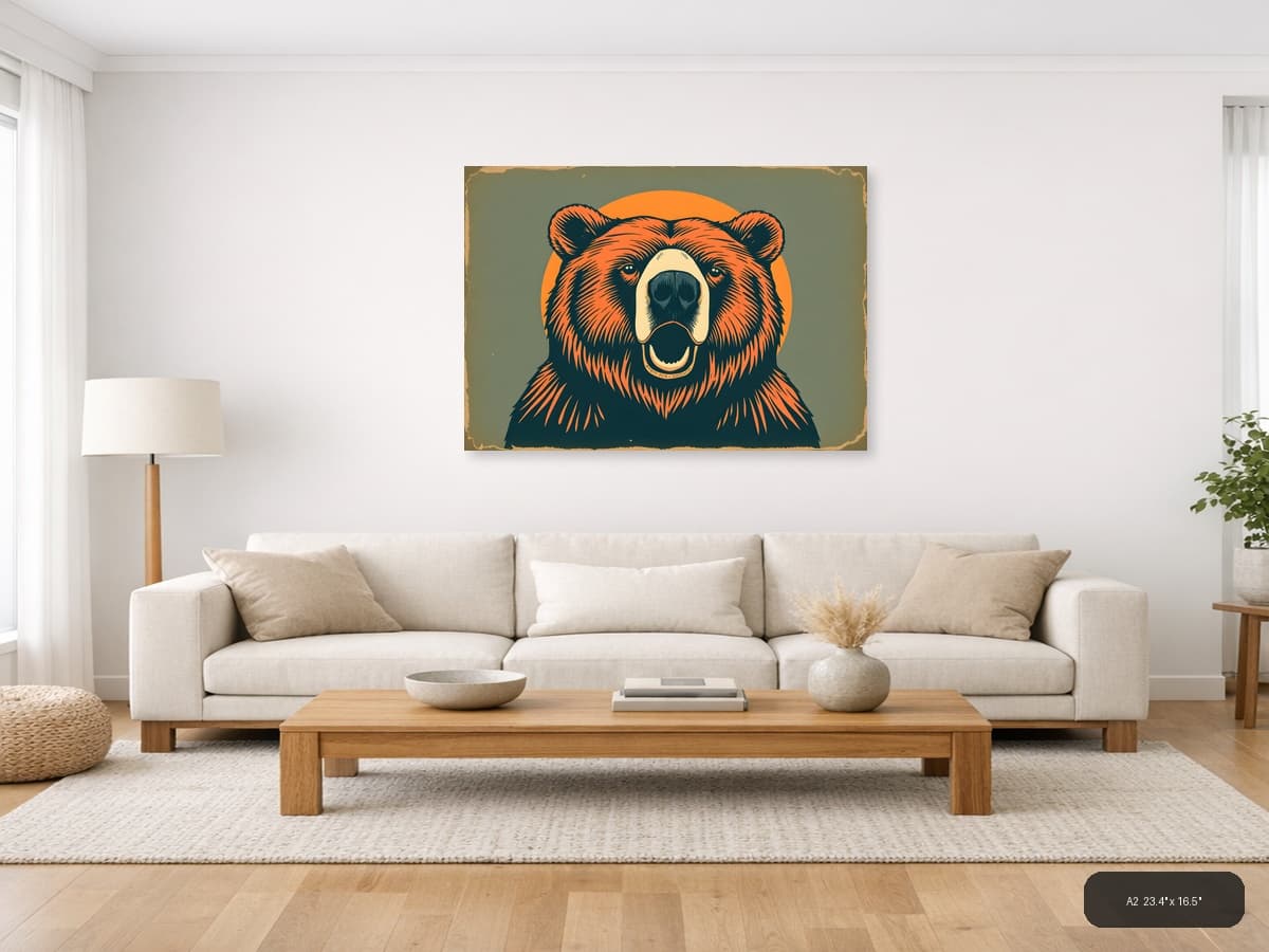 Vintage Bear Head Portrait Orange & Teal Wall Art shown in a room setting at A2
