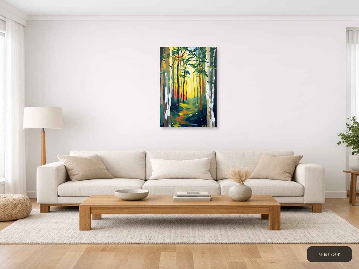 Abstract Forest Path with Golden Light Wall Art shown in a room setting at A2