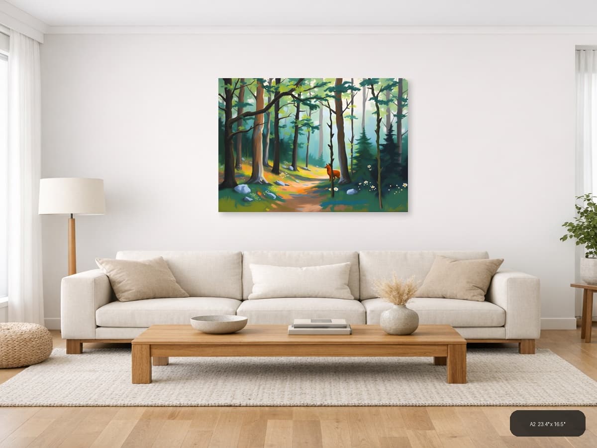 Forest Path with Red Fox - Abstract Landscape Wall Art shown in a room setting at A2