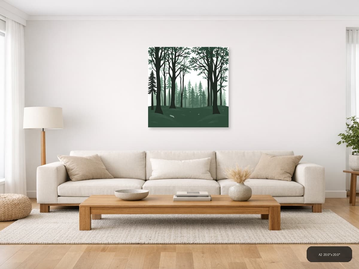 Minimalist Forest Deep Woods Layered Tree Wall Art shown in a room setting at A2