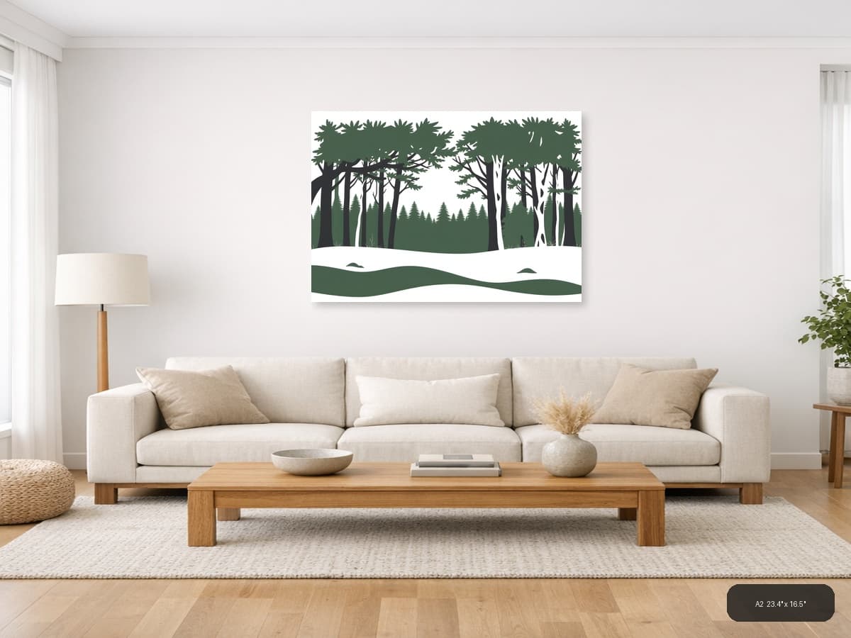 Minimalist Forest Landscape Winter Snow Wall Art shown in a room setting at A2
