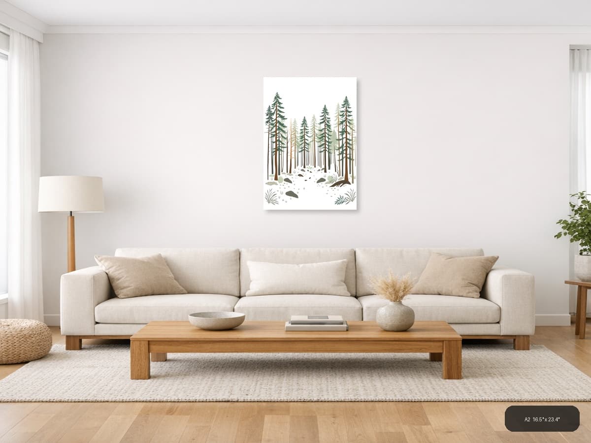Minimalist Forest Landscape with Pine Trees Wall Art shown in a room setting at A2
