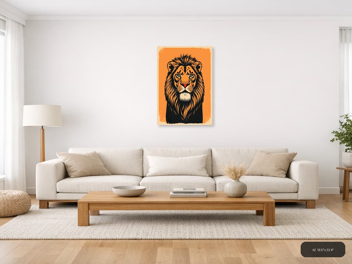 Vintage Lion Head Portrait Orange Wall Art shown in a room setting at A2