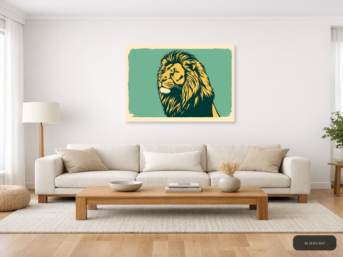 Vintage Lion Head Portrait Teal Yellow Wall Art shown in a room setting at A2