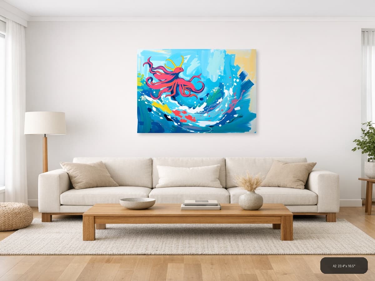 Red Phoenix Abstract Blue Sky Canvas Wall Art shown in a room setting at A2