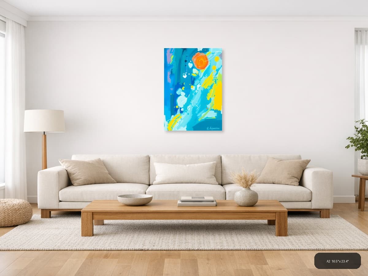 Abstract Blue Sky with Orange Sun & Planets Wall Art shown in a room setting at A2