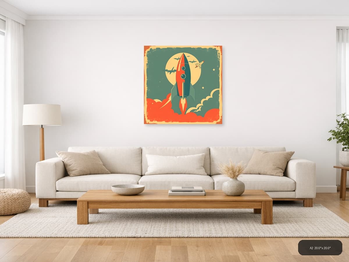 Vintage Rocket Launch Retro Space Wall Art shown in a room setting at A2