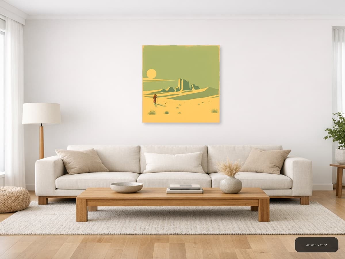 Vintage Desert Wanderer with Mesa - Retro Wall Art shown in a room setting at A2