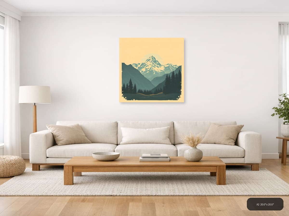 Vintage Mountain Peak Forest Valley Landscape Wall Art shown in a room setting at A2