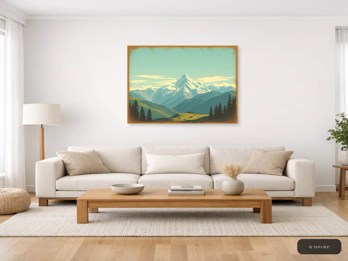 Vintage Alpine Mountain Landscape with Snow Peaks Wall Art shown in a room setting at A2