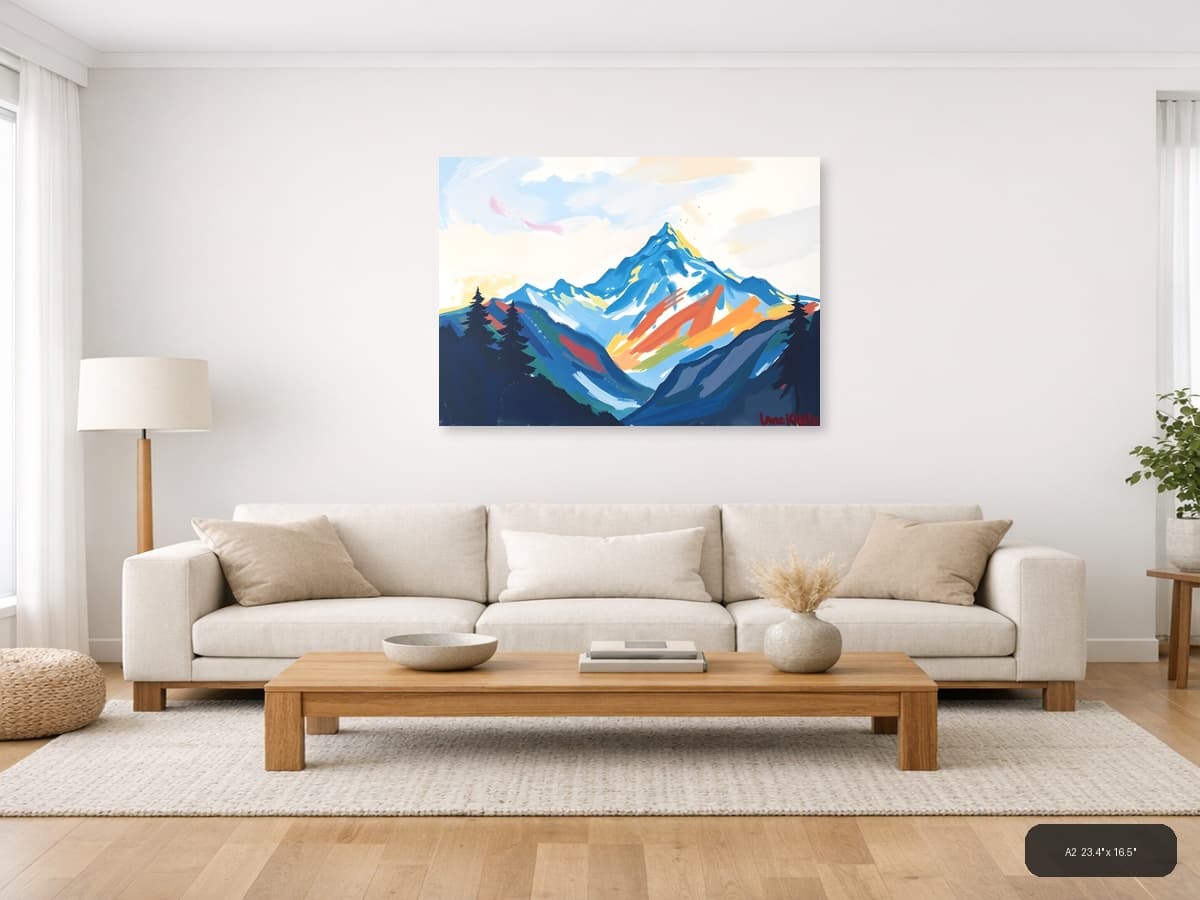 Abstract Colorful Mountain Peak Landscape Wall Art shown in a room setting at A2