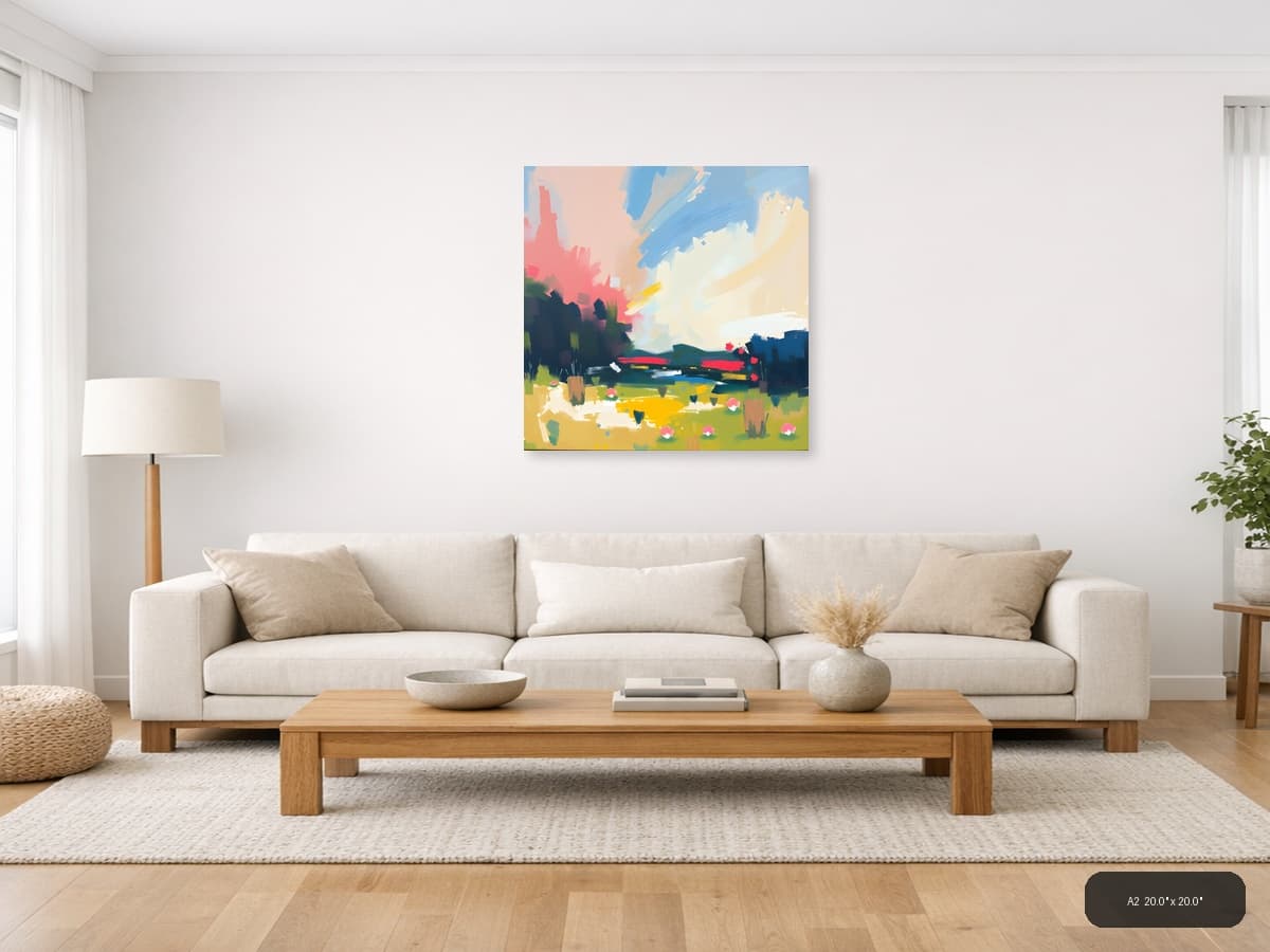 Abstract Landscape with Pink Sky & Green Fields Wall Art shown in a room setting at A2
