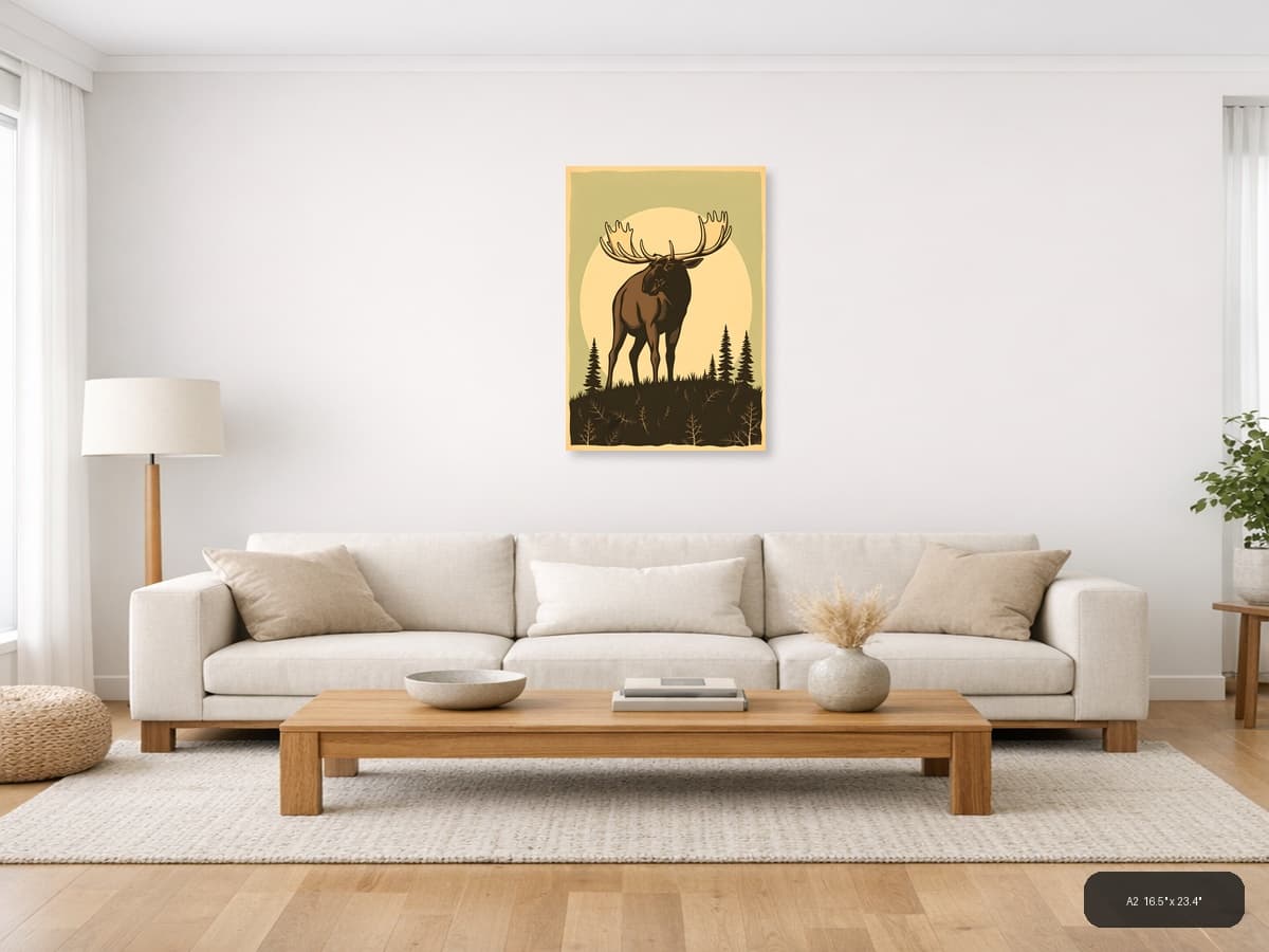 Vintage Moose Silhouette Moon Forest Wall Art shown in a room setting at A2