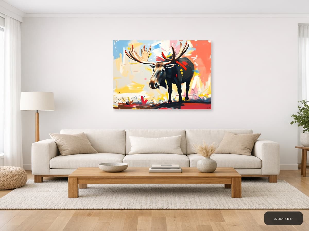 Abstract Moose with Colorful Brushstrokes Wall Art shown in a room setting at A2