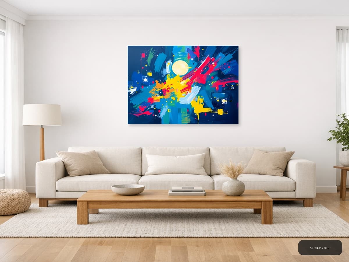 Abstract Cosmic Explosion with Moon & Burst Colors Wall Art shown in a room setting at A2