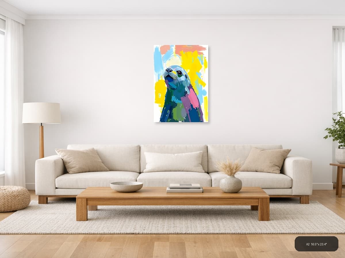 Colorful Abstract Seal Portrait Wall Art shown in a room setting at A2