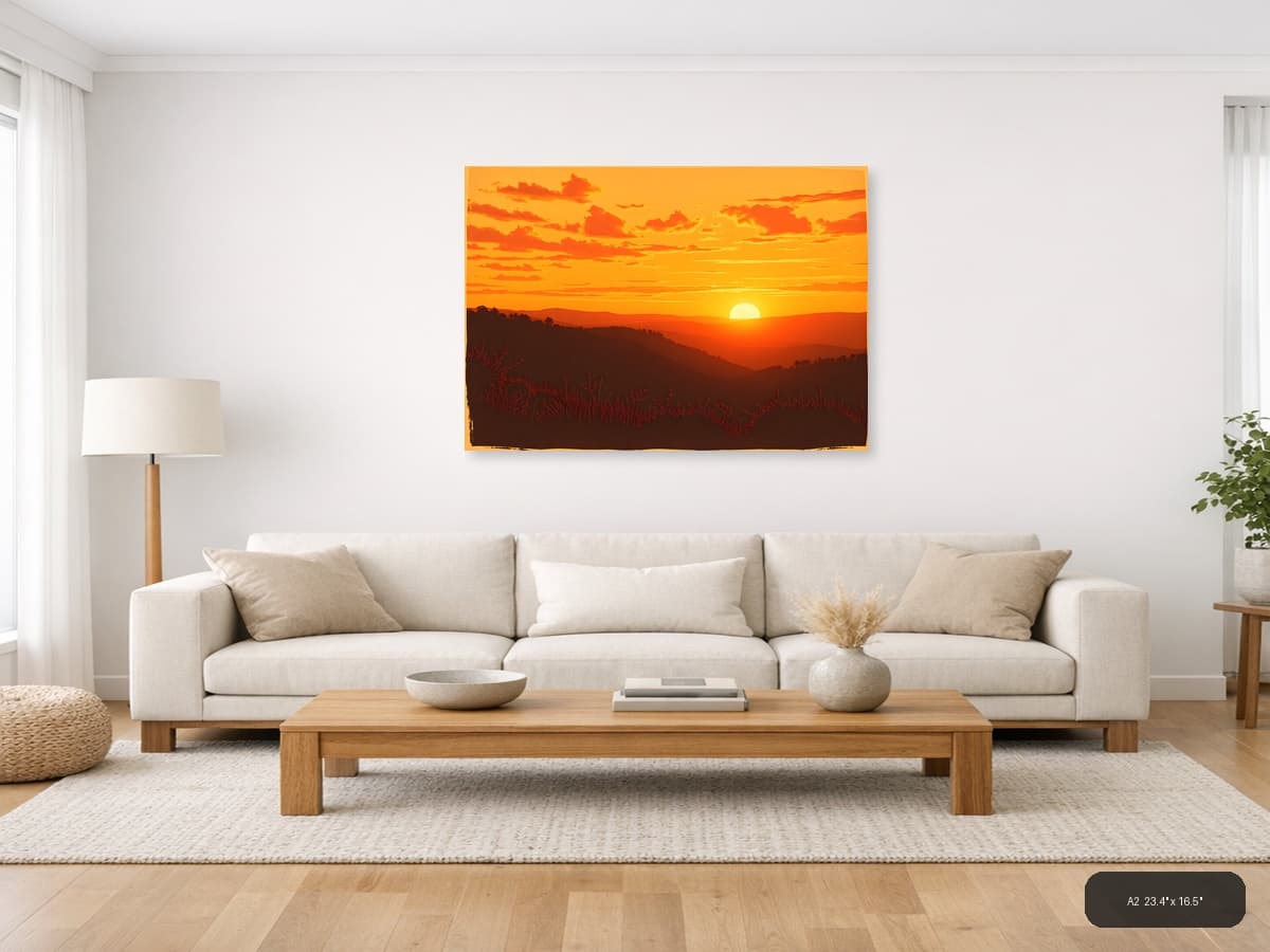 Vintage Sunset Over Mountains Landscape Wall Art shown in a room setting at A2