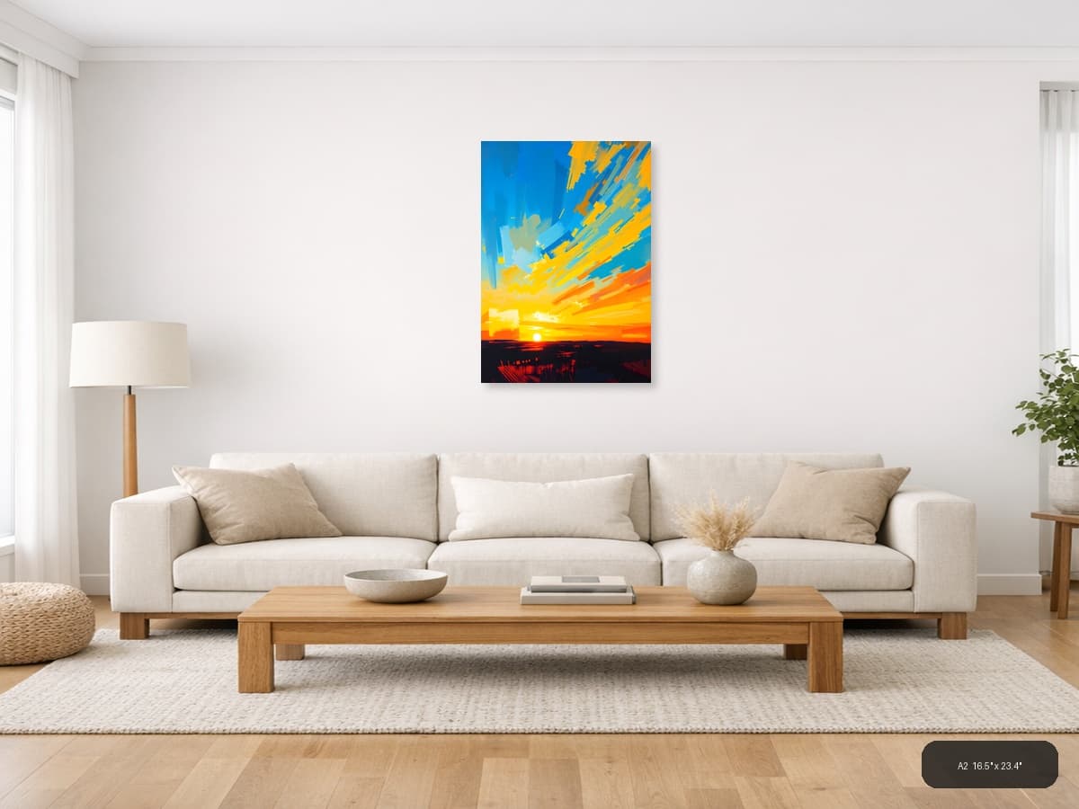 Abstract Sunset Rays Modern Canvas Wall Art shown in a room setting at A2