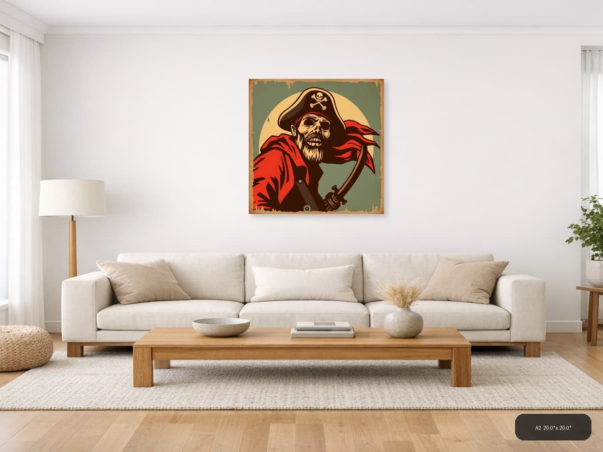 Pirate Skull Vintage Poster Wall Art shown in a room setting at A2