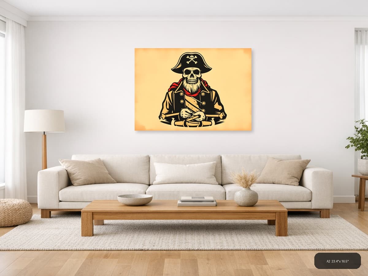 Pirate Skull Captain Vintage Illustration Wall Art shown in a room setting at A2