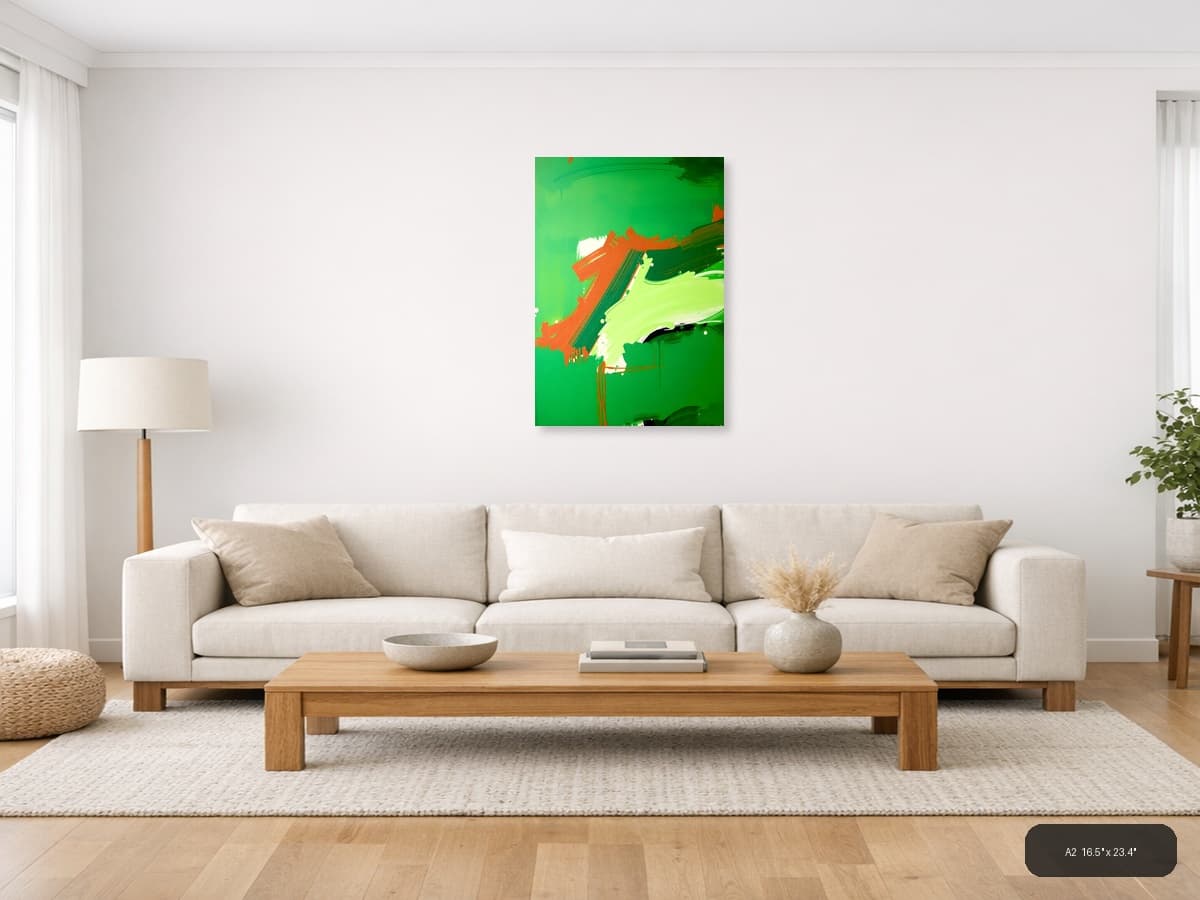 Abstract Orange and Green Brushstroke Portrait Wall Art shown in a room setting at A2