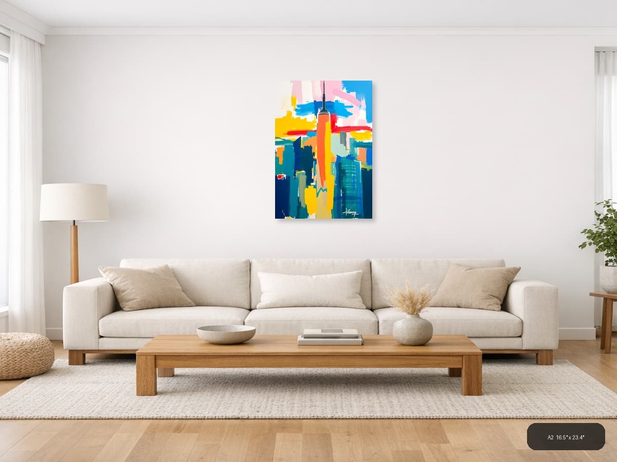 Abstract NYC Skyline - Vibrant Colorful Urban Wall Art shown in a room setting at A2